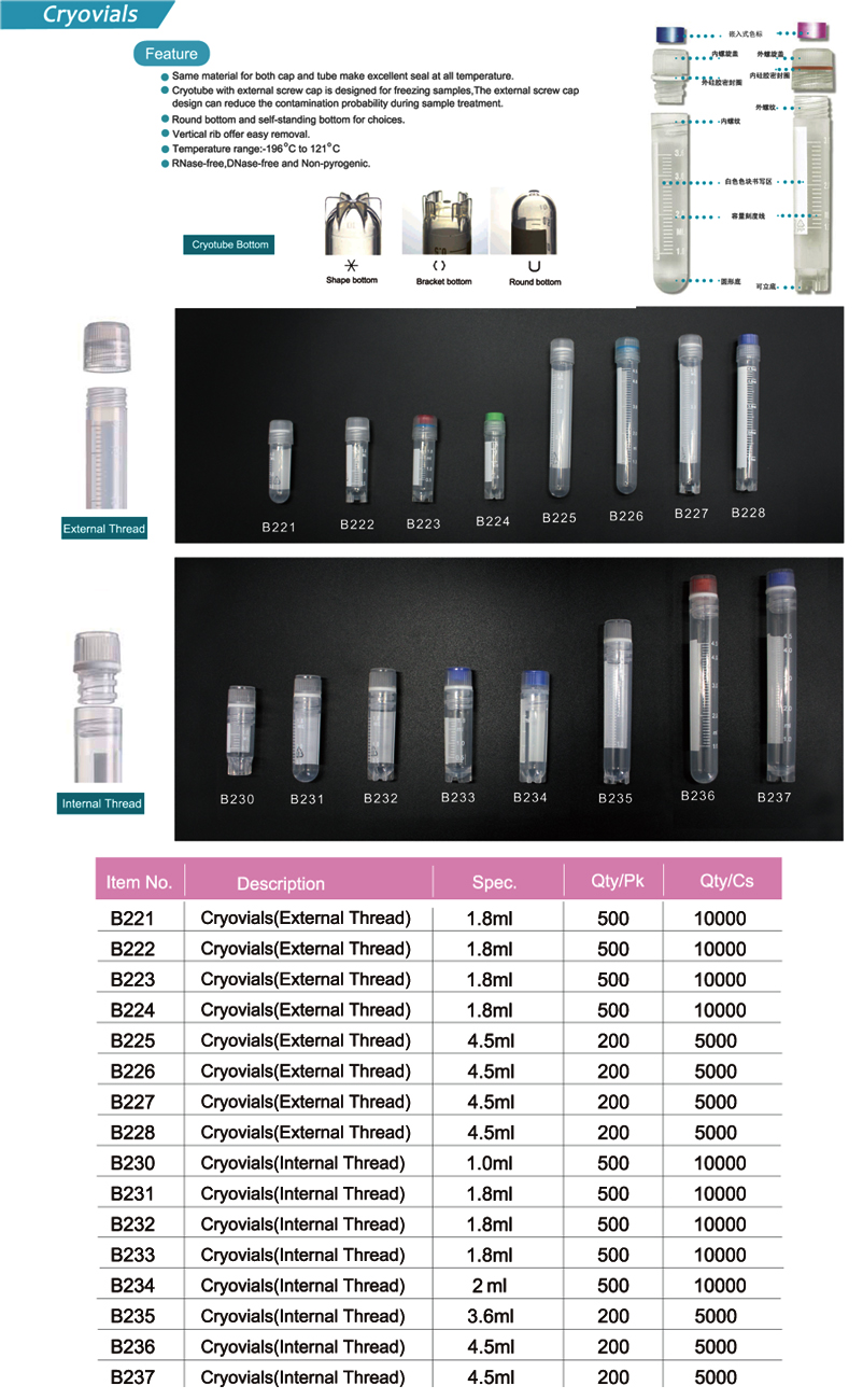 External Thread Cryovials ,Internal Thread Cryovials --- B221-B237